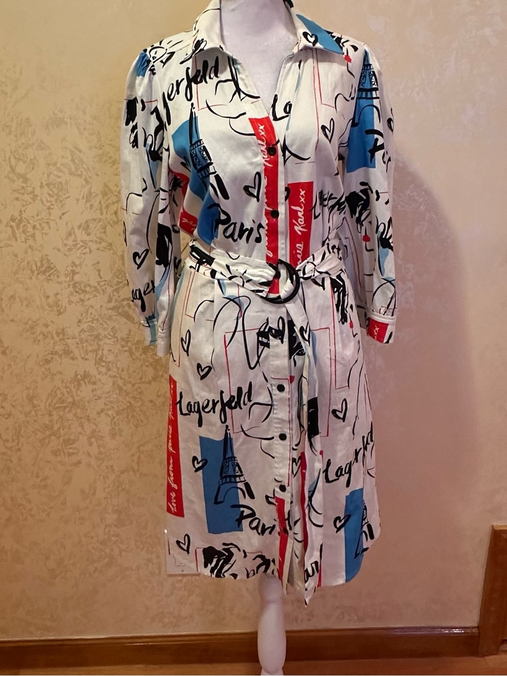 Karl Lagerfeld White Shirt Midi Dress with Blue and Red Accents